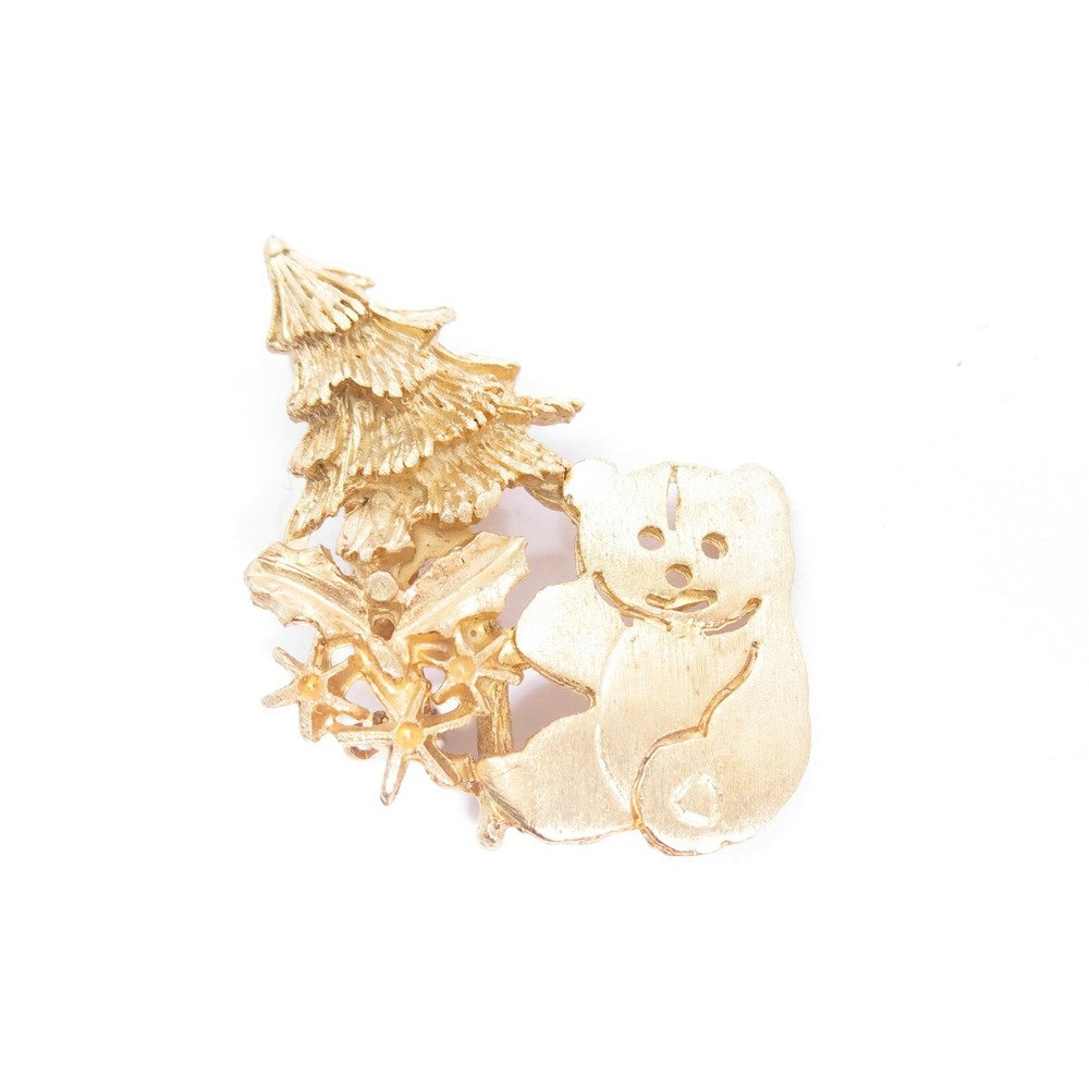 VINTAGE GOLD TONE CHRISTMAS TEDDY BEAR AND TREE HOLIDAY BROOCH PIN